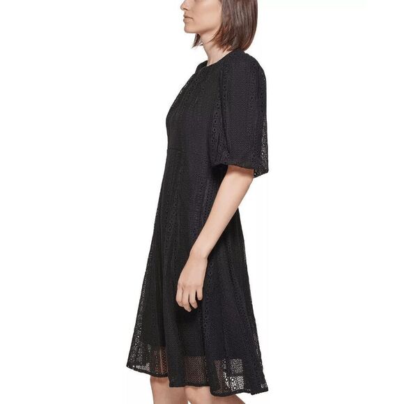 Calvin Klein Women's Puff-Sleeve Lace A-Line Dress - Black 10 - Picture 5 of 7